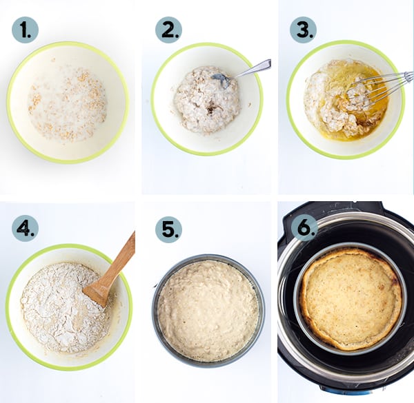 step by step collage of how to make a giant pancake in the instant pot
