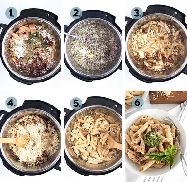 step by step collage of how to make sundried tomato pasta with pesto in the instant pot