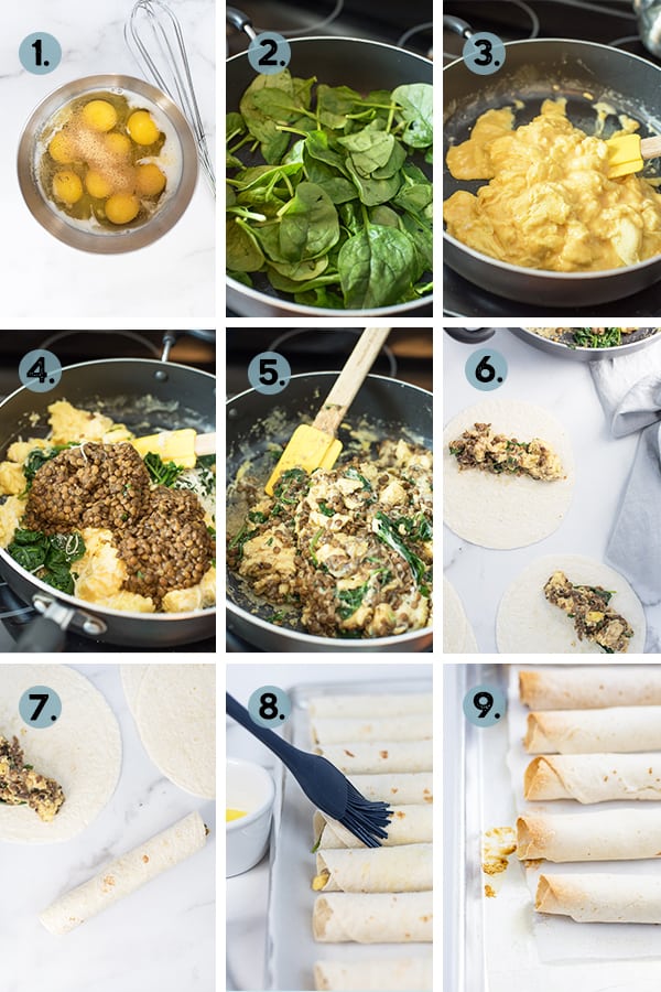 step by step collage of how to make Breakfast Lentil Taquitos
