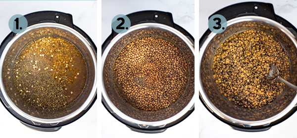 Step by step collage of how to make Instant Pot Lentils