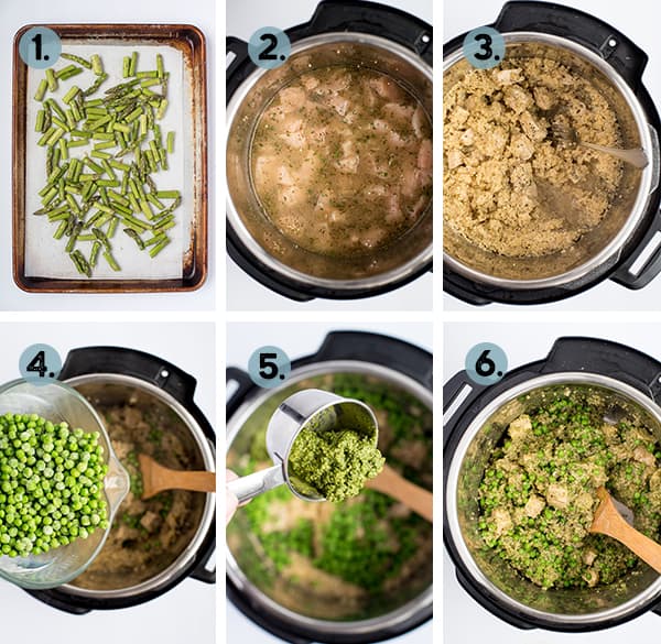 step by step collage of how to make pesto chicken and quinoa