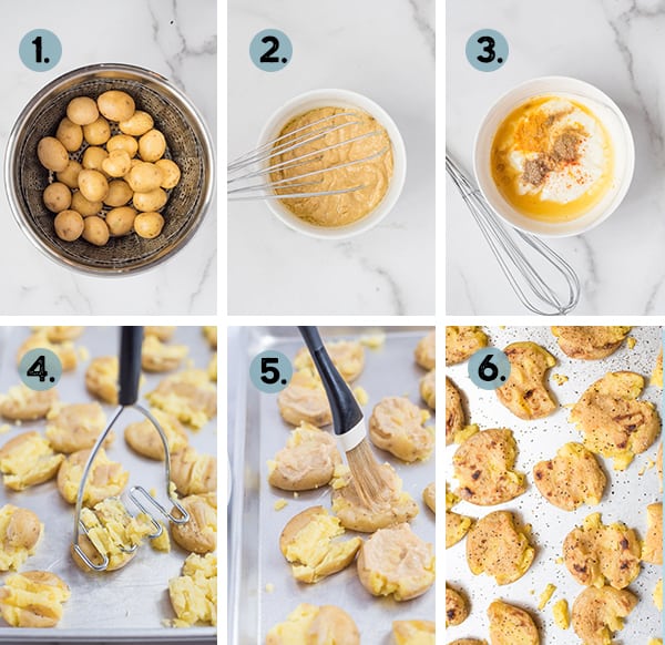 step by step collage of how to make instant pot smashed potatoes