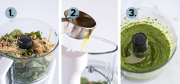 step by step collage of how to make pesto in a food processor