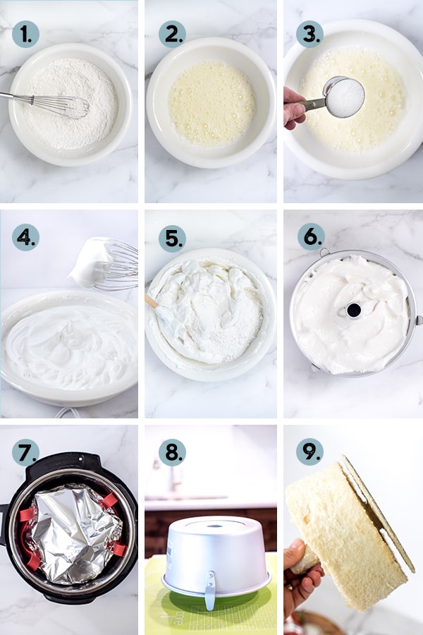 step by step collage of how to make instant pot angel food cake