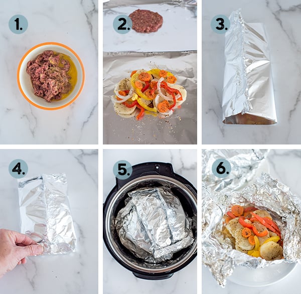 step by step collage of how to make tinfoil diinners in the Instant Pot pressure cooker