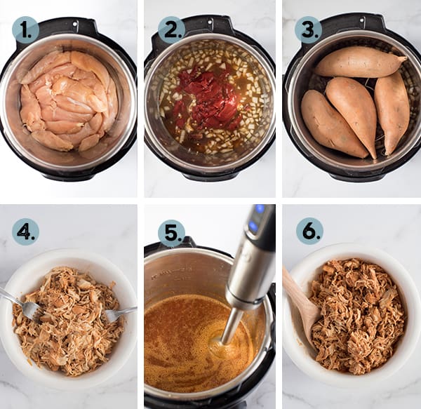 step by step collage of how to make instant pot BBQ chicken