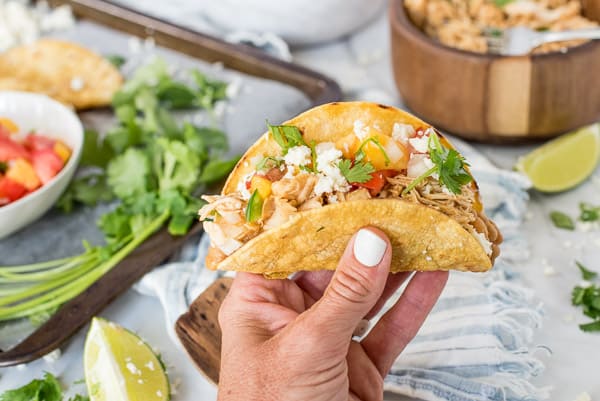 hand holding a chicken taco with peach salsa
