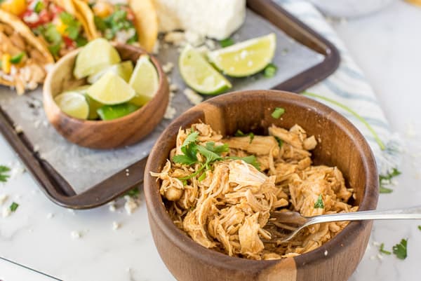 wood bowl with chili lime chicken inside