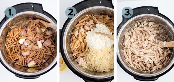 step by step collage of how to make chicken cordon bleu pasta in the instant pot