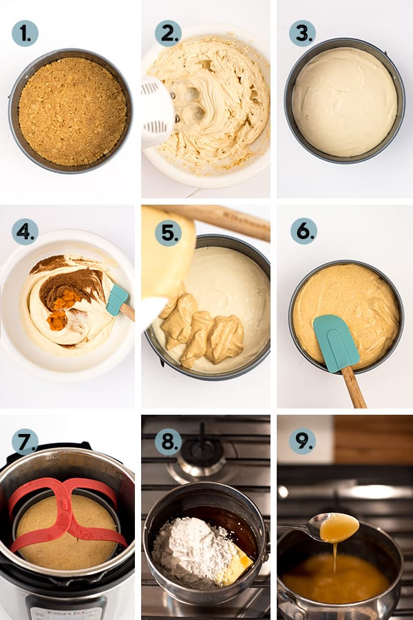 step by step collage of how to make pumpkin cheesecake in the instant pot
