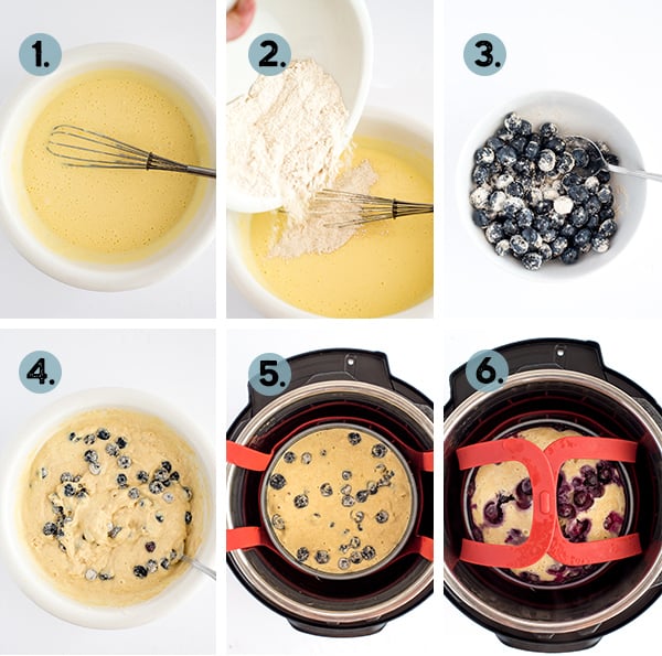step by step collage of how to make a blueberry cake in the instant pot