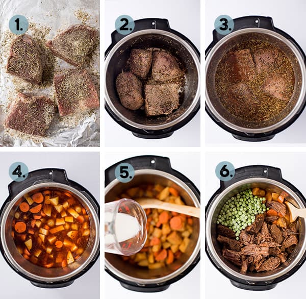 step by step collage of how to make beef stew in the instant pot