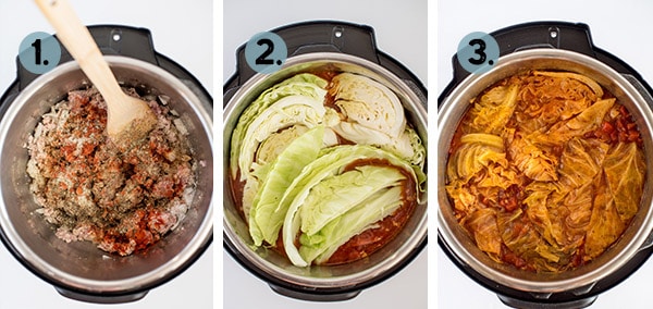 step by step collage of how to make cabbage roll soup in the instant pot