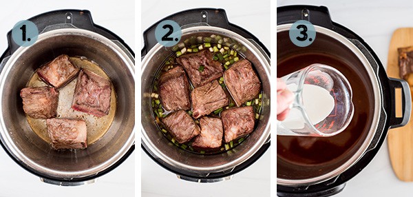 step by step collage of how to make short ribs in the Instant Pot