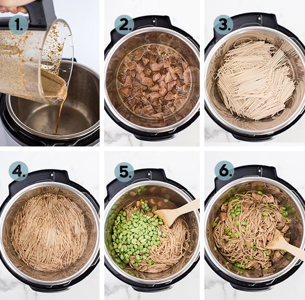 step by step collage of how to make black pepper noodles in the insant pot