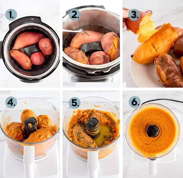 step by step collage of how to make mashed sweet potatoes in the instant pot