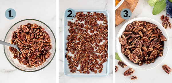 step by step collage of how to make sweet and spicy pecans
