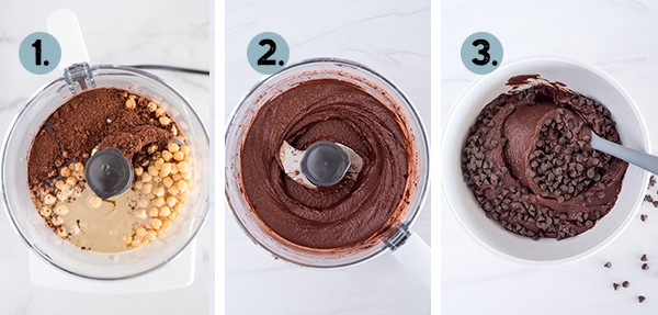step by step collage of how to make chocolate hummus in the food processor