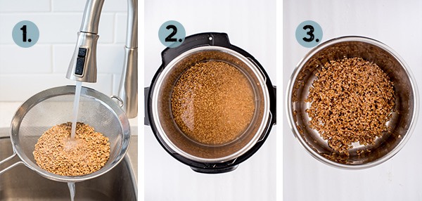 step by step collage of how to make Farro in the Instant Pot