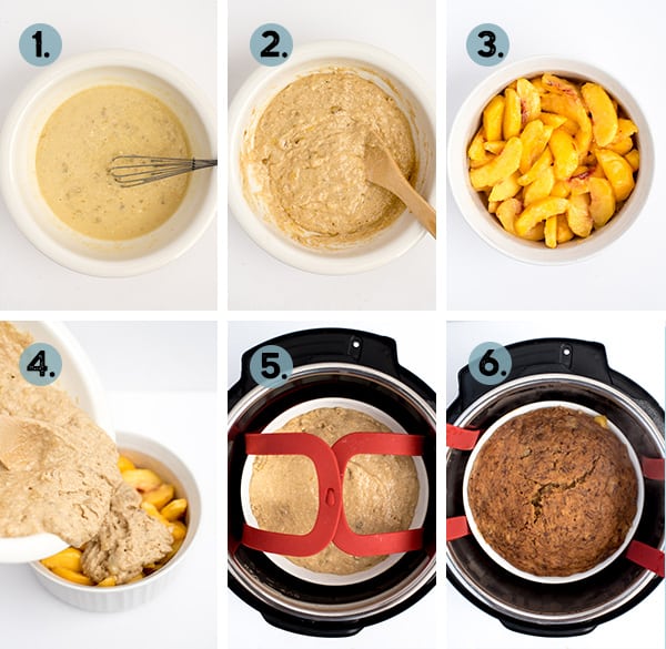 step by step collage of how to make breakfast peach cobbler in the Instant Pot