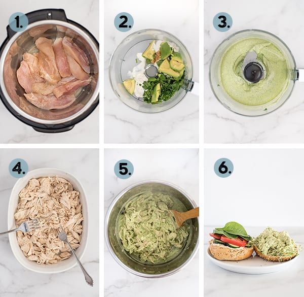 step by step collage of how to make Instant Pot Green Goddess Chicken Sandwich