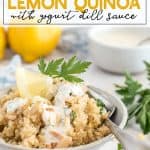white bowl with quinoa, lemon, and herbs with a spoon
