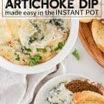 healthy spinach artichoke dip in a white bowl served with bread and chips