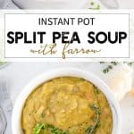 Instant Pot split pea soup in a white bowl garnished with parsley and sour cream