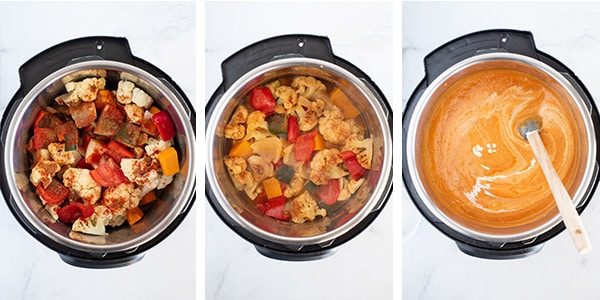 Step by step collage of how to make vegetable soup in the instant pot