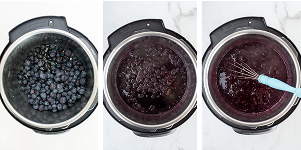 step by step collage of how to make blueberry syrup in the instant pot