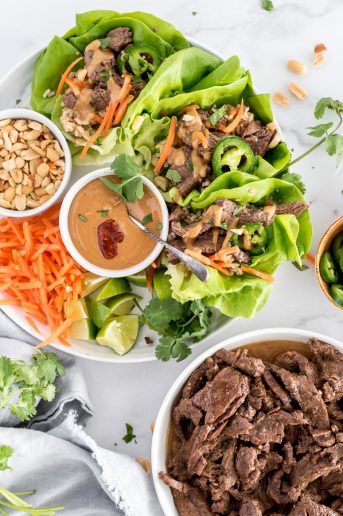 sliced steak with lettuce wraps, chopped carrots and peanut sauce