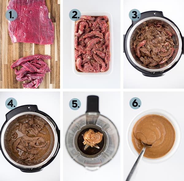 step by step collage of how to make Thai beef lettuce wraps in the pressure cooker
