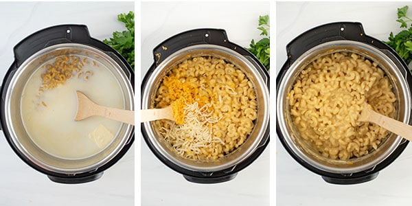 step by step collage of how to make mac and cheese in the instant pot