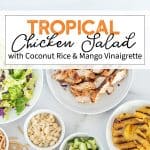 Chicken Salad with cabbage, carrots, pineapple, and mango dressing in a white bowl