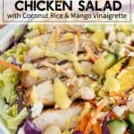 Chicken Salad with cabbage, carrots, pineapple, and mango dressing in a white bowl