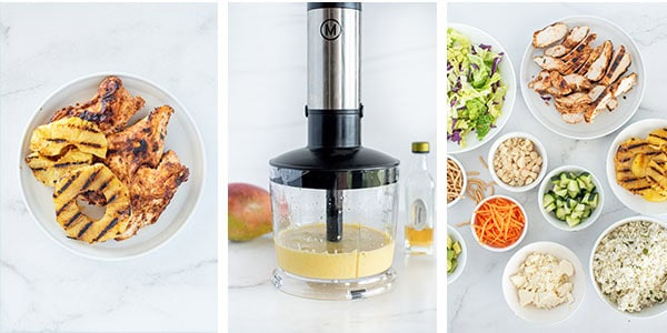 step by step collage of how to make a tropical chicken salad